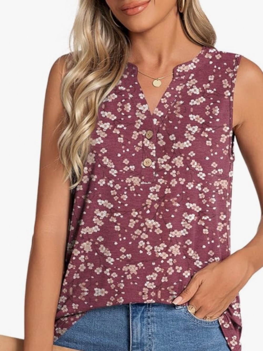 Lightweight sleeveless henley with a mauve floral print. Soft, breathable fabric